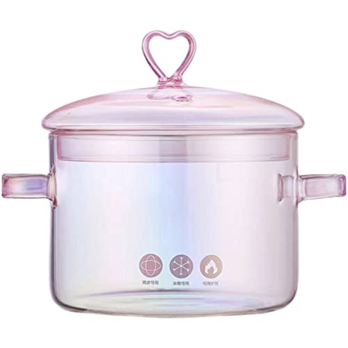 Yardwe Glass Soup Bowl with Lid and Handle, 1PC Pink Double-Handle Cooking Pot
