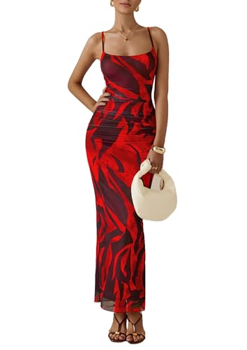 PRETTYGARDEN Summer Wedding Guest Dresses for Women 2025 Spaghetti Strap Mesh Bodycon Beach Floral Maxi Long Dresses