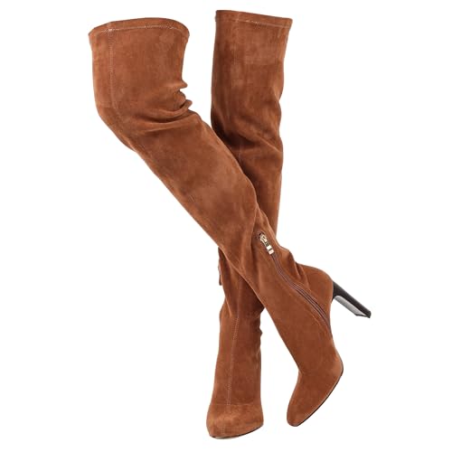 VOMIRA Thigh High Suede Boots - Square Toe, Chunky High Heels, Side Zipper, Stretch, Over the Knee, Long Boots for Women - Black - Fall Winter