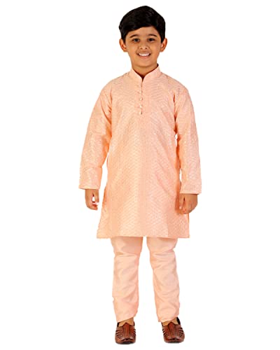 Image of Pro-Ethic Style Developer Boys Silk Solid Kurta Pajama Set | | Self Design | Mandarin Collar | Traditional Ethnic Wear (S-161)