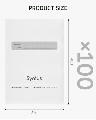 Image of Syntus Vacuum Sealer Bags, 100 Count Quart 8 inch x 12 inch Comercial Grade PreCut Bag for Food, BPA Free Food Vac Bags for Storage, Meal Prep or Sous Vide