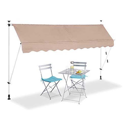 Relaxdays Auvent rétractable 300 cm Store Manuel Balcon Marquise Soleil terrasse Hauteur réglable sans perçage, Beige, 300 x 120 cm