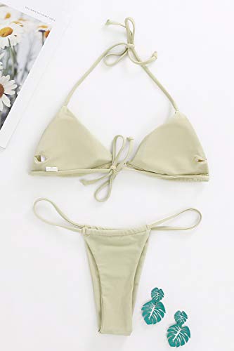 XUNYU Bikini Set Bandage Solid Brazilian Swimwear Two Pieces Swimsuit Padded Thong Bathing Suits Green Beige - Thumbnail 4