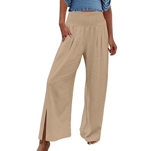 XUNRYAN Women's Cotton Linen Wide Leg Pants Summer Casual High Waisted Boho Palazzo Pants Baggy Lounge Trousers w Pockets