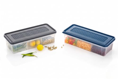 Image of MAGIC SPOON Multipurpose 3 Section Storage Container | Spice Box, Pickle Jar, Fridge Organizer, Dry Fruit, Vegetable & Kitchen Storage Container- Combo Pack (2000ml X 2) (GREY-NAVY)