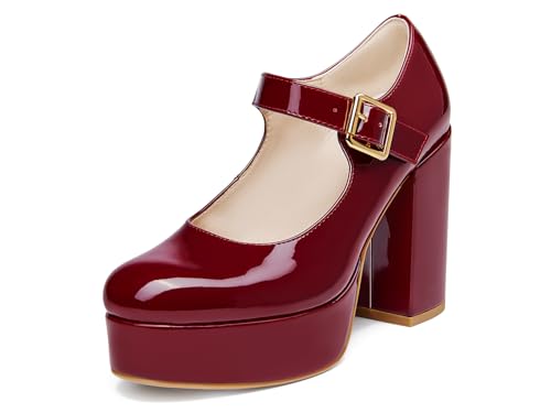 Image of Coutgo Womens' T-Strap Round Toe Chunky Platform Heels Patent Mary Jane Dress Shoes