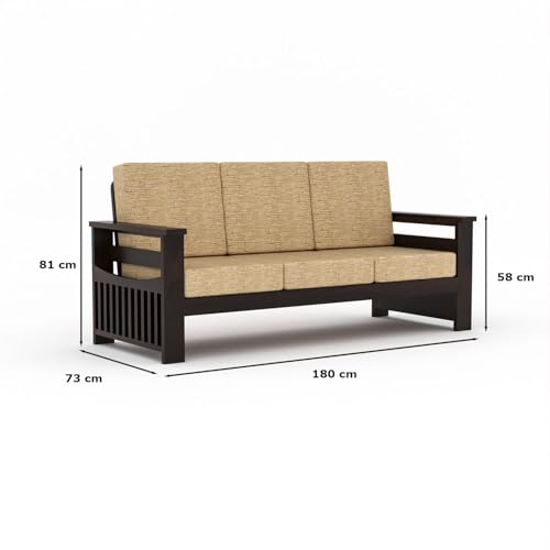 Image of Sheesham Wooden 6 Seater Sofa for Living Room | Rosewood 6 Seater Cushion Sofa Side Half Moon Rack | Solid Wood Sofa Set for Lounge (-3+2+1,Walnut)