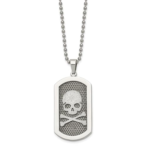 Brushed Skull And Crossbones Dog Tag Pendant And Necklace In Stainless Steel 55 mm x 25 mm2