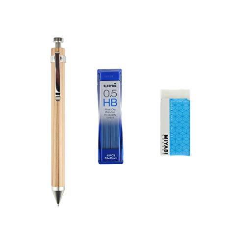 Eco-friendly product-Wooden cypress mechanical pencil 0.5mm (made in Japan) & Nano Dia HB Mechanical Pencil Lead & MIYABI eraser(blue) set(WOOD-7/U05202ND-HB/MB-L)