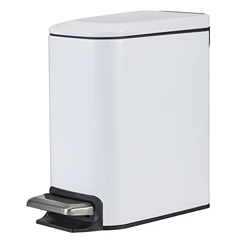 Siapapla Small Bathroom Trash Can With Lid,Step Pedal Stainless Steel Garbage Can,Slim And Narrow Rectangular Trash Bin,Inner Bucket For Bedroom,Kitchen,Office,1.6 Gal/6L,White #TOP1