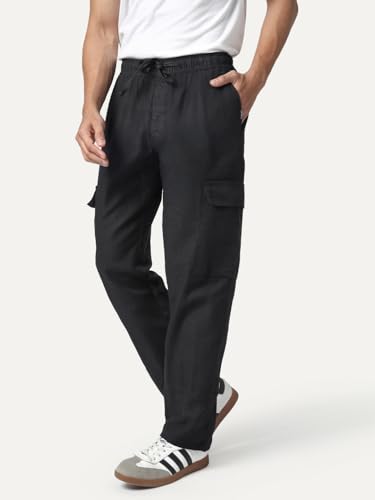 Image of Urbano Fashion Men's Straight Fit Linen Cargo Pants with 6 Pockets