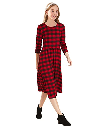 KYMIDY Girls Buffalo Check Plaid Dress Kids Long Sleeve Casual Midi Dresses with Pockets for Girls 6-14 Years