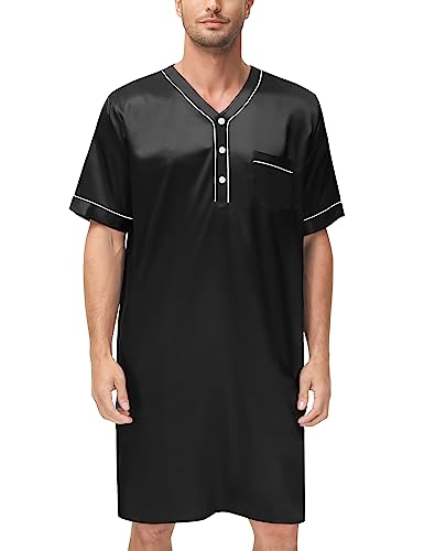 SWOMOG Mens Silk Satin Nightshirt Short Sleeve Loose Henley Sleep Shirt Comfy Nightgown Big & Tall Men Sleepwear2