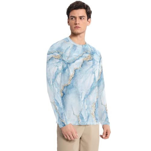 Abstract White Blue Marble Vintage Gold Men's Rash Guard Shirts Breathable Comfort Men's Sun Protection Long Sleeve Outdoors3