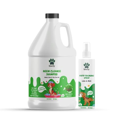 Image of Bscly Neem Pet Dog Shampoo + Potty Traning Spray - Ticks & Fleas Prevention, Enriched with Aloe & Coconut Oil, Ph Balanced Dog Shampoo, Heals Skin Combo Pack of 2