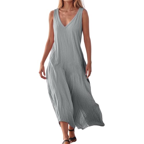 Vestido de verano para mujer, vestido de lino, ligero y aireado, vestido de playa, algodón y lino, vestido de playa, elegante, maxi vestido de cuello en V, vestido de playa, cómodo vestido de verano