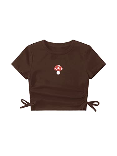 Image of SHENHE Girl's Mushroom Print Short Sleev Crop Tops Ruched Drawstring Tee T Shirts