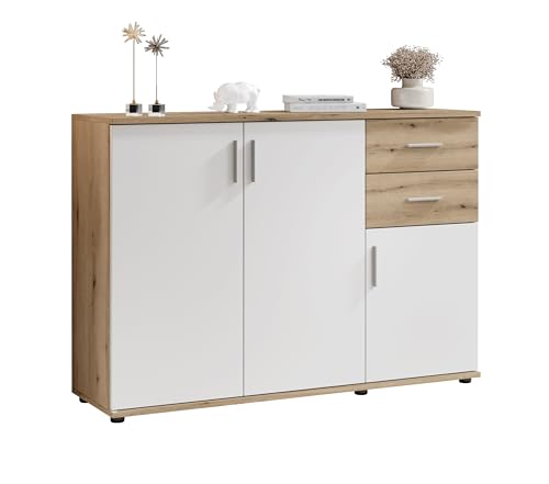 Kommode BC 1040 in weiß matt, Absetzung Eiche Rustikal Optik - Moderne Kommode mit viel Stauraum - 120 x 84 x 35 cm (B/H/T)