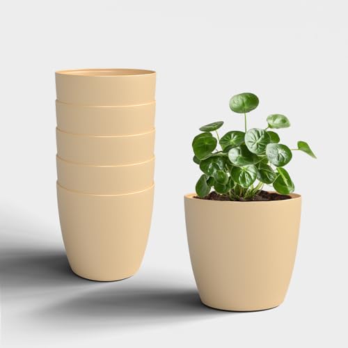 Image of YUCCABE ITALIA SHERA Stella 5 Inch Plastic Plant Pot for Home Decor Indoor Plant Pots for Living Room Plastic Flower Pot for Garden (Beige, 5 INCH - 6 Pcs)