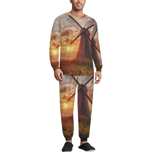 Dutch Windmill Sunset Pajama Set Long Sleeve Lounge Sets Sleepwear 2 Pjs Nightwear for Men Women