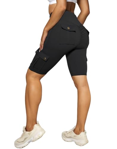 Nuofengkudu Shorts Mujer Deporte Cintura Alta Push up Bolsillos Cargo Pantalon Corto Rodilla Deporte Elasticos Leggings Cortos Deportivo Shorts Gym Fitness Running Jogging Negro 3XL