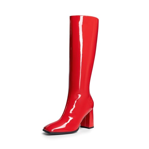 DREAM PAIRS Knee High Boots for Women Square Toe Gogo Chunky Heel with Side Zip 7 Red-pat
