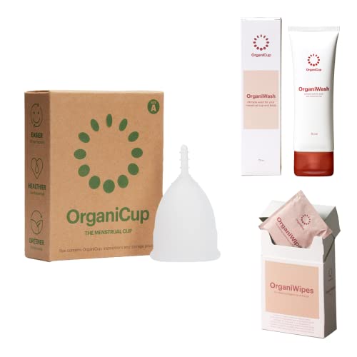 OrganiCup Menstrual Bundle - Reusable Soft Foldable Menstrual Cup Size A & Inmate Cleansing Soap & Menstrual Cup Wipes 10pcs. Period Cup for Light to Heavy Flow - Ultimate Essential Period Kit