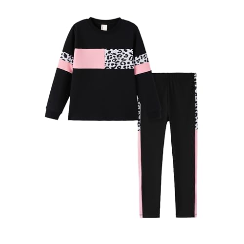 Image of PATPAT Little Girls Clothes Crew Neck Leopard Color Block Sweatshirt and Leggings Girls Outfits Size 4-12Y