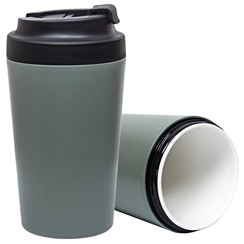 Klaraber Travel Coffee Cup Ceramic Lined Travel Mug with Leakproof Lid Insulated & Reusable Eco-Friendly for Hot & Cold Drinks 350ml (Green)