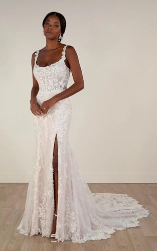 Lace Applique Mermaid Wedding Dresses for Bride with Slit Long Beach Boho Spaghetti Straps V Neck Tulle Bride Gowns3