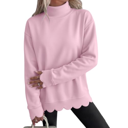 Womens Scalloped Mockneck Sweatshirt Casual Long Sleeve Tops 2026 Pink - image 3