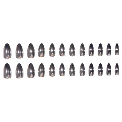 Image of 24 Pcs Reusable Artificial Nails Fake Nails with Glue and Kit|Liquid Silver Ultra Gloss Press On Nails | ABS Material UV Protected Long Lasting Finish |Medium Almond Nails with Glue (Silver - Stiletto)