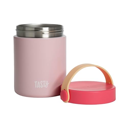 Image of Tasty Food Jar with Folding Handle, Portable Snack Travel or Lunch Container, Stainless Steel Insulated Vacuum with Leak-Proof Lid, Keeps Food Hot or Cold for Hours, 15-Ounce, Pink