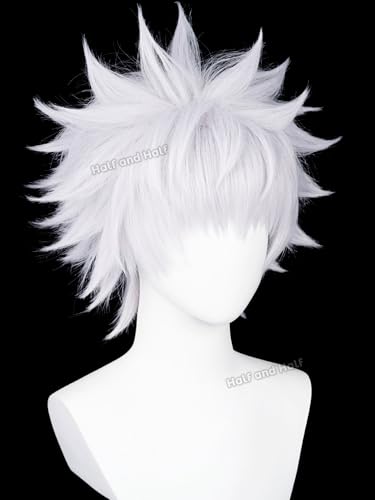 Image of Half and Half Short White Anime Cosplay Wig for Men Silver White Hunter-Killer Male Wigs with Bangs Light Purple White Spiky Layered Wig for Hallloween Party Costumes Women