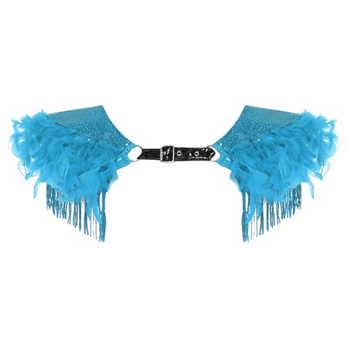 iiniim Mujer Hombrera Con Espaldarines Plumas Trajes Disco Los 80 Capa Abierta Por Delante Metálico Brillante Azul 3XL