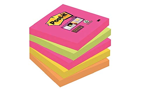 Post-It Super Sticky 654S-N - Pack de 5 blocs de notas, 90 hojas/bloc, Cape Town (Amarillo Neón/Verde Neón/Rosa Fucsia/Naranja Neón)