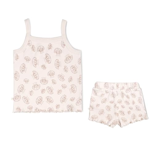 Image of MakeMake Organics GOTS Certified Organic Cotton Baby Kids Toddler Girl Top and Short Outfit Set - Seashells, 5-6 Years