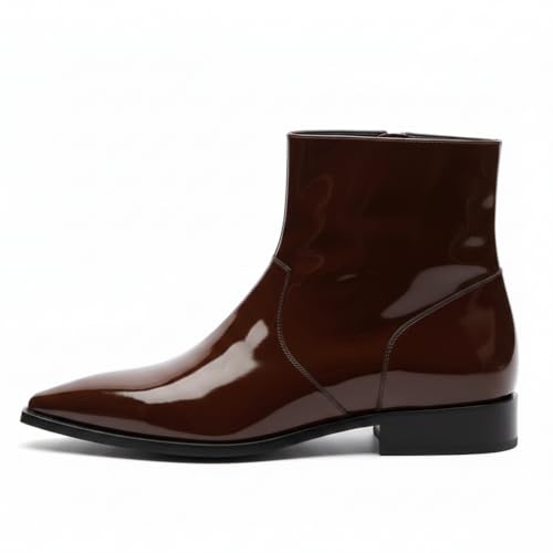 Image of Costoso Italiano Men's Dark Brown Patent Leather Zip Boots | Luxury Pointed Toe Ankle Boots for Men | Handmade High-Shine Formal Wear Boots