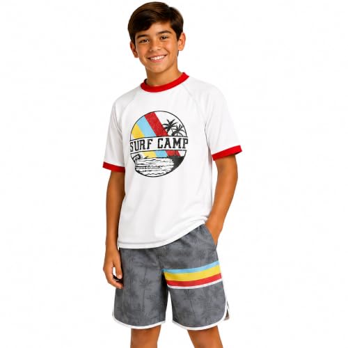 Image of iXtreme Boys Swim Set - 2 Piece Rash Guard Short Sleeve Swim Shirt and Boys Swim Trunks for Infants Toddlers & Big Boys