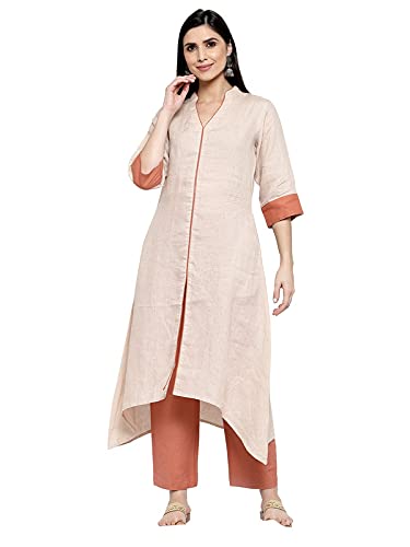D'ART STUDIO Beige Hand Embroidered A-Line Linen Dress