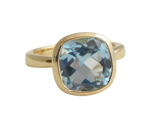 Blue Topaz Cushion Cut 925 Gold Plated Sterling Silver Ring - Natural Gem Gemstone - Handmade Jewelry Gift Ideas for Women - December Birthstone - Birthday Valentine's Mother's Day Gift (8)