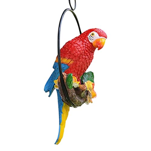 Adornos de jardín, loro colgante, decoración de jardín, loro de resina, decoración al aire libre, loro en perca, escultura de jardín, estatua de loro para decoraciones de jardín al aire libre, rojo