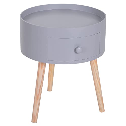 HOMCOM Table Basse - Table de Chevet - Table de Nuit Ronde - Design scandinave Table d'appoint Bout de canapé avec tiroir Pieds effilés inclinés Bois Massif chêne Clair Gris