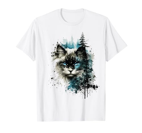 Chat Yeux Bleus Chat Motif Art Forêt Animal Chat T-Shirt