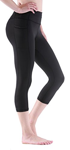 Sudawave - Mallas de entrenamiento para mujer con bolsillo para running Negro (capri). L