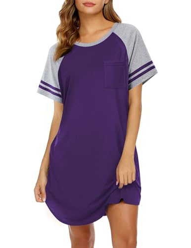 Image of Ekouaer Nightgowns for Women Color Block Sleep Shirt Short Sleeve Sleepwear