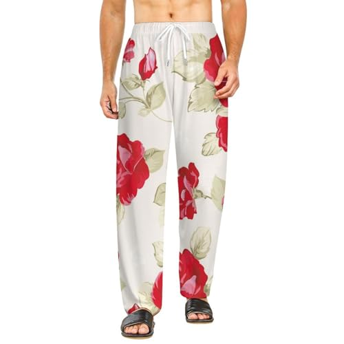 Pantalon de pyjama long pour femme avec poches et motifs fleurs rouges taille S