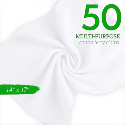 Image of GREEN LIFESTYLE 50-Pack Cotton Wash Cloths - 14 inchx17 inch Absorbent Cleaning Rags for Housekeeping, Kitchen Towels, Bar Mop Towels, Durable Terry Cloth Rags, Premium Quality Multipurpose Washcloths