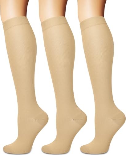 Image of 3 Pairs Knee High Graduated Compression Socks For Women and Men - Best Medical, Nursing, Travel & Flight Socks - Running & Fitness - 15-20mmHg
