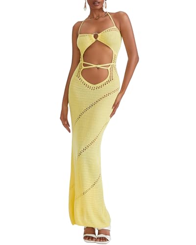 Felcia Damen Neckholder Bodycon Langes Kleid Cross Cut Outs Strickkleid Sommer Rückenfrei Slim Strandkleid, B-gelb, S